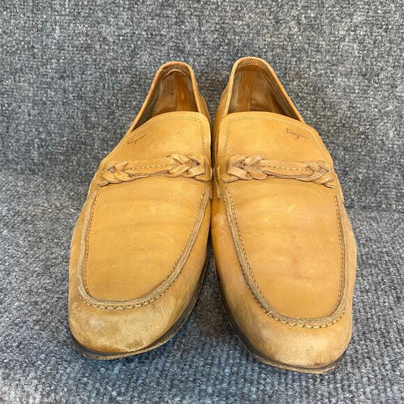 Salvatore Ferragamo Mens 10.5 Tan Leather Almond Toe Slip on Loafers Italy Braid